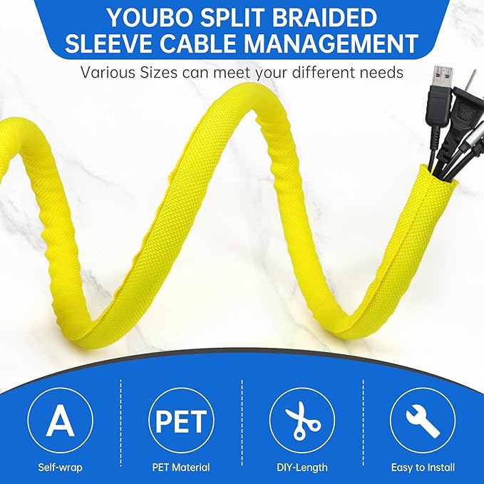 Split Braided Cable Sleeve，Flexible Wire Loom Tubing, Automotive Cord Protector Pet Proof, Cable Management for Computer TV Electric Wires Harness 16ft (Yellow, 25mm（1")
