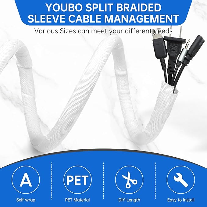 Split Braided Cable Sleeve，Flexible Wire Loom Tubing, Automotive Cord Protector Pet Proof, Cable Management for Computer TV Electric Wires Harness 16ft (White, 16mm（5/8")