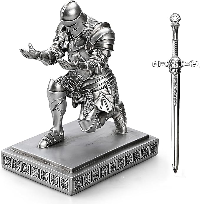 Medieval Armored Warrior Knight Pen Holder Desk Organizers and Accessories Resin Pencil Holder Paperweight as Gift with a Cool Letter Opener for Desk (Silver)
