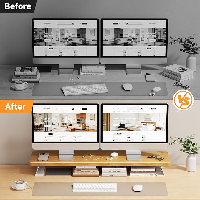 Dual Monitor Stand Riser, 39 Inch Large Wood Monitor Stands for 2 Monitors, Desk Monitor Riser for Computer/Laptop/Printer/TV, Stand Riser up to 220 lbs