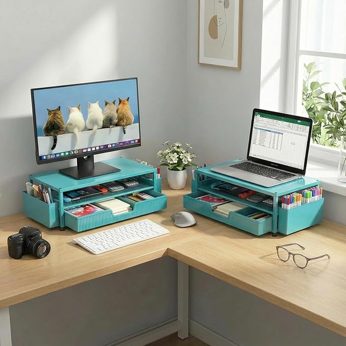 Desk Organizer and Accessories, 2-Tier Computer Monitor Stand Rise with Storage Drawer & 2 Pen Holders, Laptop & Printer Stand for Desktop, Workspace Organizers for Office Supplies (Blue)