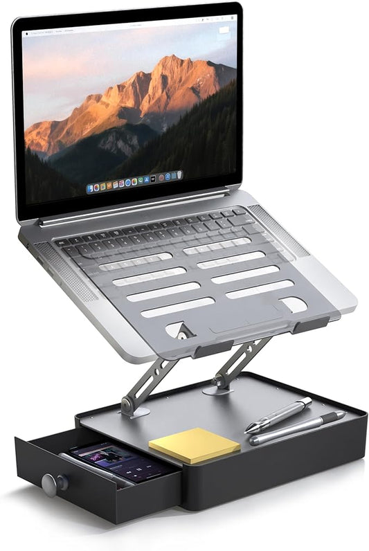 Laptop Stand with Storage Drawer, Heavy-Duty Metal Laptop Riser for Desk, Ergonomic Height & Angle Adjustment for 10–16.2″ Laptops, Gray