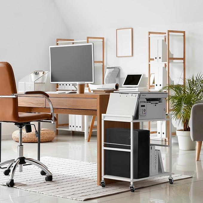 OYEAL Computer Tower Stand, PC Tower Stand Metal Rolling Cart Holds up to 40lbs, 2 Tier Mobile Printer Stand with Storage Under Desk for Home & Office, White
