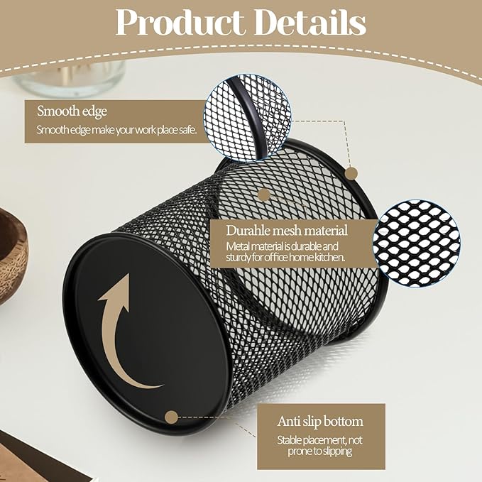 8 Pack Pen Holder for Desk, Black Metal Mesh Pencil Holders Small Trash Can Desktop Pen Holder Desk Accessories & Workspace Organizers for Home, Office, 3.8’’ Tall