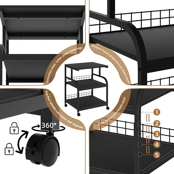 Lerliuo Large Printer Stand with Storage, 23.6"W x 18.9"D x 30.2"H, 5-Adjustable Shelf Heights Mobile 3 Tier Table with Lockable Wheels, Industrial Rolling Printer Cart, Black Stands for Home Office