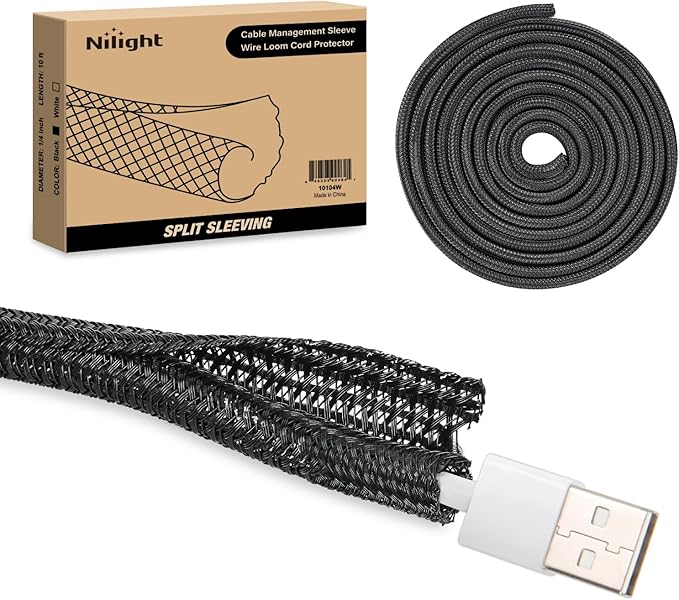 Nilight Cable Sleeve, 10ft-1/4inch Cord Management Sleeves, Braided Sleeving, Split Self Wrapping Wire Loom for Computer Electrical Automotive Harness Protector Organizer, Black