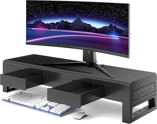 Computer monitor stand with three drawer ，22W charging , 2 USB 3.0 , and 1 USB 2.0 ，Laptop Desk Shelf & Monitor Riser 27.55 inches long desk riser Monitors/PC/Laptop/Computer Space Saver Organizer ，Heavy Duty Gift Gaming Studio Office(USB Hub Fast Char...