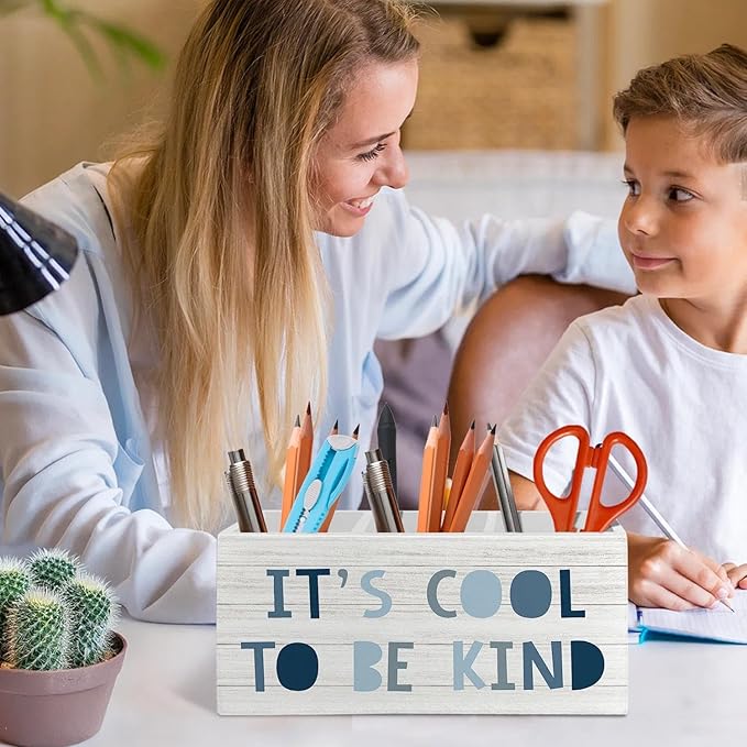 Boho Blue Pen Pencil Holder Organizer for Desk Accessories, Boys Room Decor, It's Cool to Be Kind Wooden Box Signs Decorations for Kids Boys Nursery Bedroom Playroom Desk Tabletop