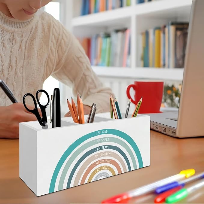Boho Colorful Rainbow Pen Pencil Holder Organizer for Desk Accessories, Boho Classroom Decor, I Am Kind Inspirational Wooden Box Signs Decorations for Kids Room Home Desk Tabletop