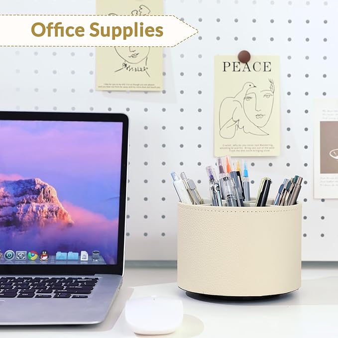 SKYDUE Rotating Pencil Pen Holder, PU Pen Organizer with 4 Slots - Desk Organizer and Accessories for School, Home, Office Supplies