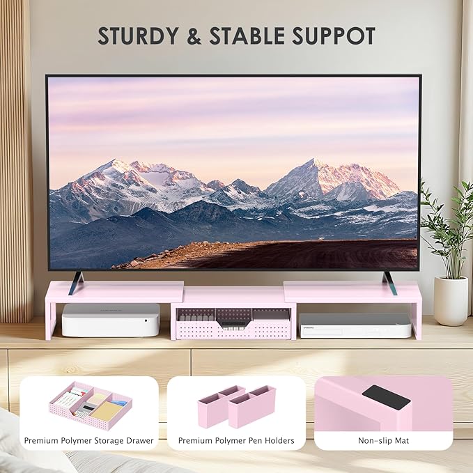 OPNICE Pink Desk Organizers and Accessories for Women, Dual Computer Monitor Stand Riser with Drawer and 2 Pen Holders, Office Desk Accessories, Workspace Desktop Organization for Office Supplies