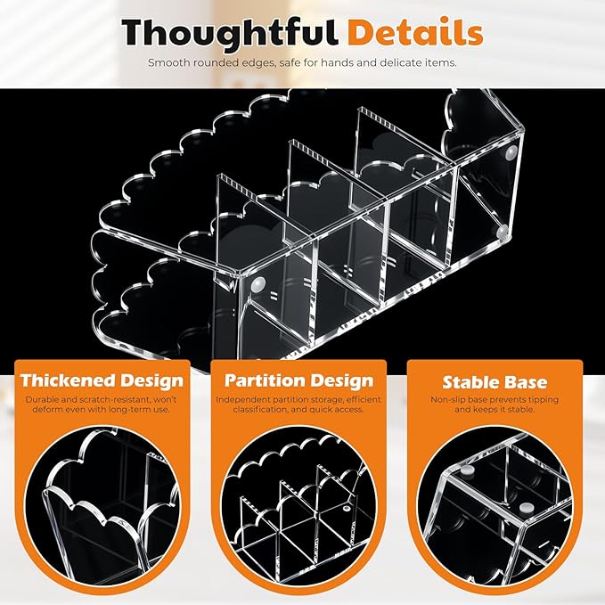 Scalloped Acrylic Pencil Holder – Clear Desk Organizer with 4 Compartments – Makeup Brush Holder & Remote Caddy for Office, Bathroom, Table – Party Accessory （4-Comp）