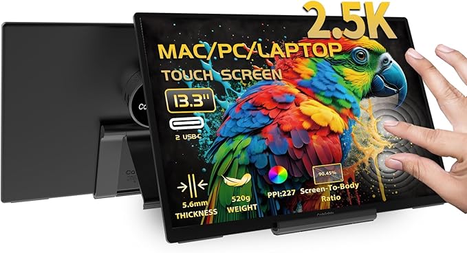 Portable Monitor Touchscreen for Mac 13.3" 2.5K Touch Screen Monitor with Protective Sleeve, USB-C Plug & Play 1500:1 0.22" Ultra-Thin Laptop Screen Extender for Mac Laptop PC Switch