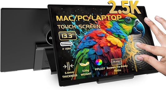 Portable Monitor Touchscreen for Mac 13.3" 2.5K Touch Screen Monitor with Protective Sleeve, USB-C Plug & Play 1500:1 0.22" Ultra-Thin Laptop Screen Extender for Mac Laptop PC Switch