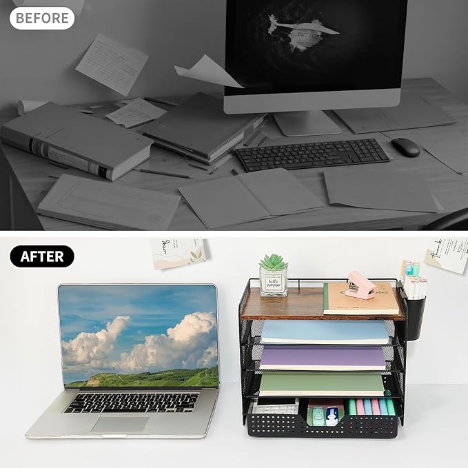 Wood Desk Organizer and Accessories, 5-Tier Paper Letter Tray Organizer with Drawer & 2 Pen Holders for Desktop File Organization, Office Desk Accessories for Supplies Storage (Wood)