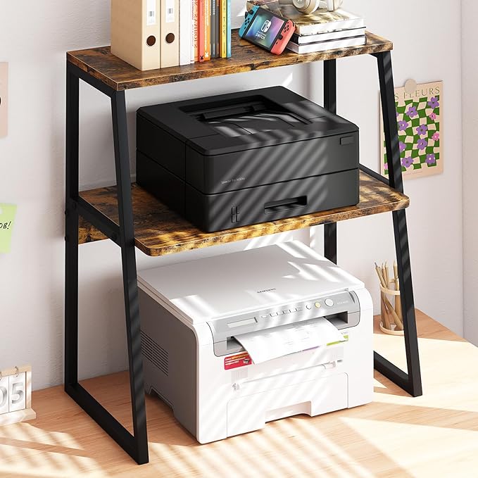 Printer Stand for Desk, Desktop Printer Shelf, 3 Tier Desk Shelf for top of Desk, Large Printer Stands Office Organization Shelves for Home Office Printer Fax Book, Rustic Brown