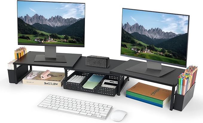 OPNICE Wood Desk Organizers and Accessories, Dual Monitor Stand Riser with Drawer and 2 Pen Holders, Desk Shelf Computer Racks for Office Workspace Organizers, Desktop Organization (Black)