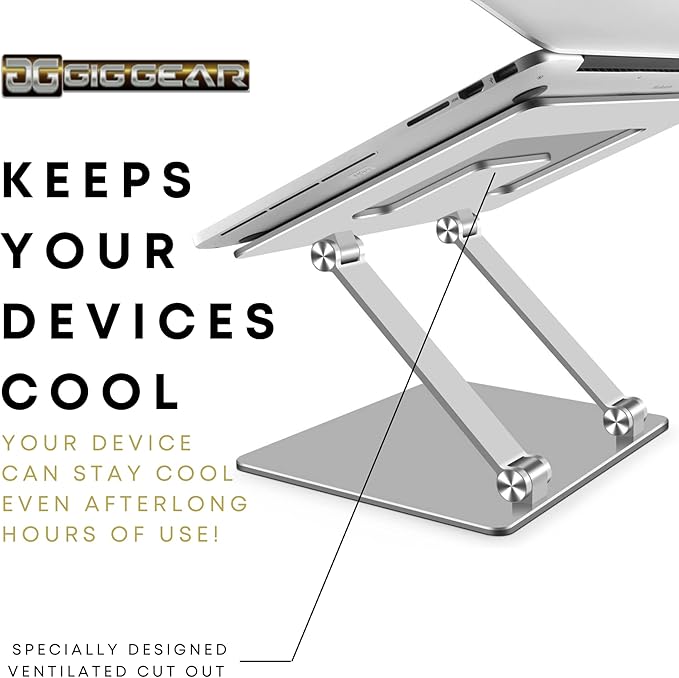 Gig Gear iLEVL Ergonomic Laptop Stand for Desk - Height Adjustable Laptop Riser Fits All Phone, Tablets, and Devices 10 to 17 Inches - Universal Multi-Angle Aluminum Foldable Laptop Stand (Silver)