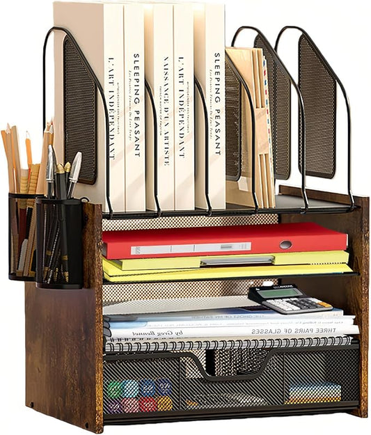 Wood Desk Organizer - 4-Tier Desktop File Organizer with Drawer, Wooden Paper Tray, Vertical File Holders & 2 Pencil Holders - Office Desk Organizer for Papers, Mail, Notebooks, Stationery