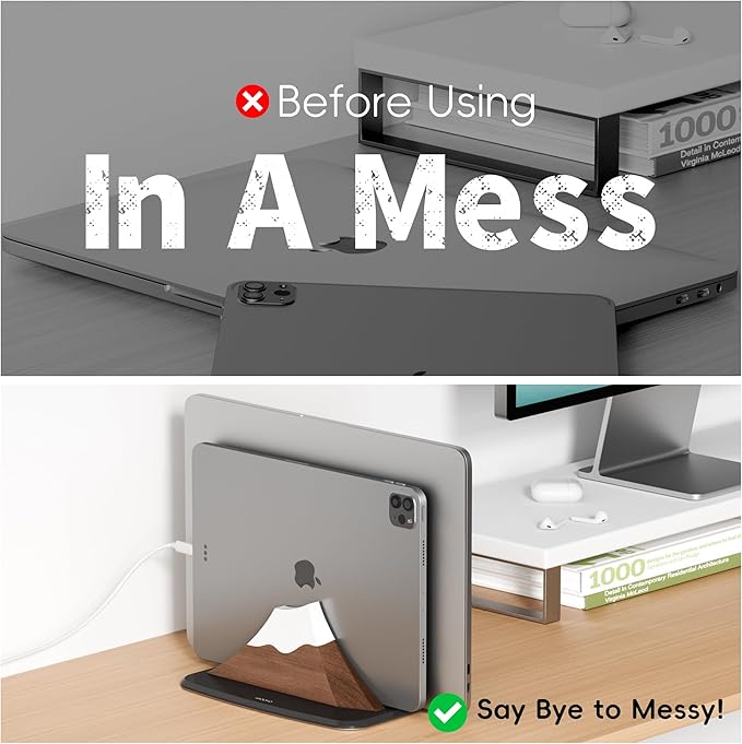 Vertical Dual Laptop Stand - Snow Peak-Shaped Walnut Adjustable Laptop Holder,2 Slots Desktop Dock Compatible with All MacBook, Surface,Chromebook,Dell & More(Walnut)