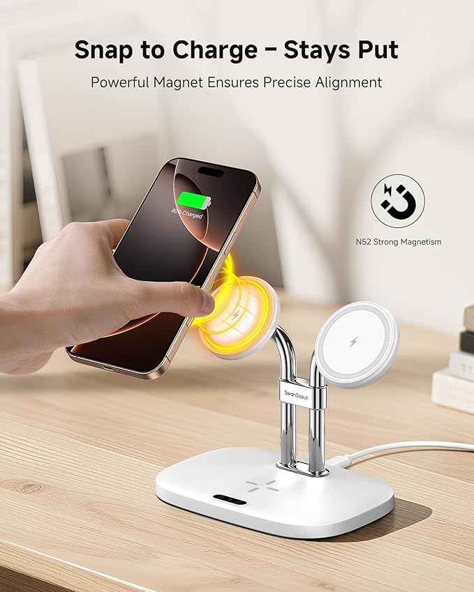 SwanScout Wireless Charger for iPhone Air/17, SwanScout 706M, Dual Magnetic Charger for iPhone 16/15/14/13/12 Series, Charging Station for AirPods Pro 3/2, AirPods 4/3rd (White)