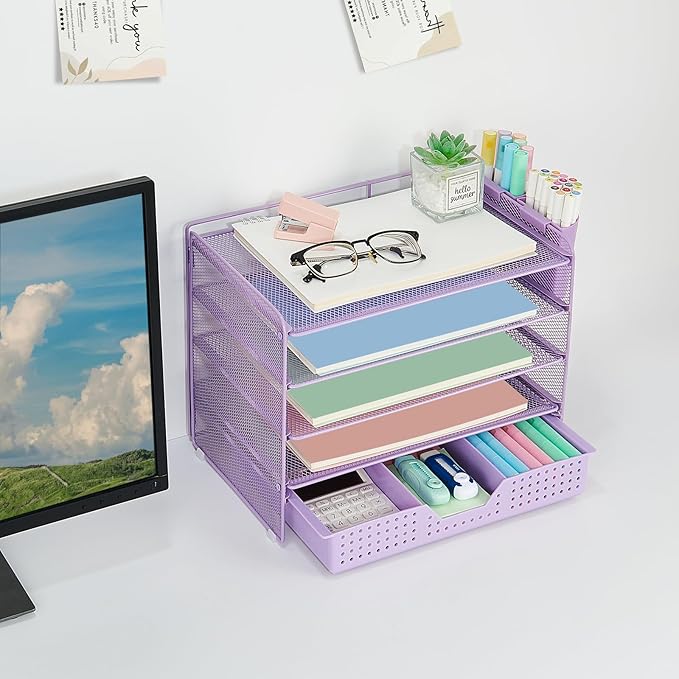 Desk Organizer and Accessories, 5-Tier Paper Letter Tray Organizer with Drawer & 2 Pen Holders for Desktop File Organization, Office Desk Accessories for Supplies Storage (Purple)