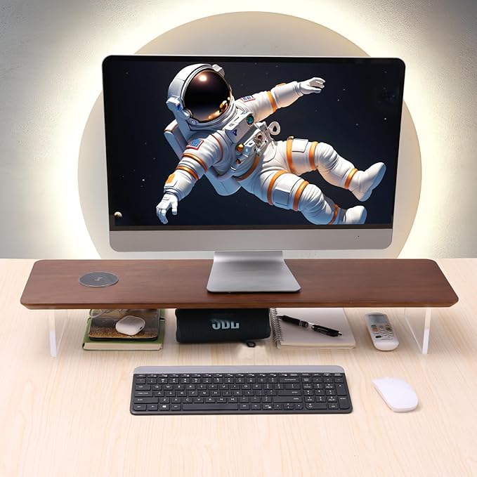 SUIBIAN Wooden Monitor Stand Riser with Wireless Charging 31.5Inch Large, Computer Monitor Stand,Wooden Desktop Organizer Shelf for Office Desk Computer,Laptop,TV (Walnut Wood)