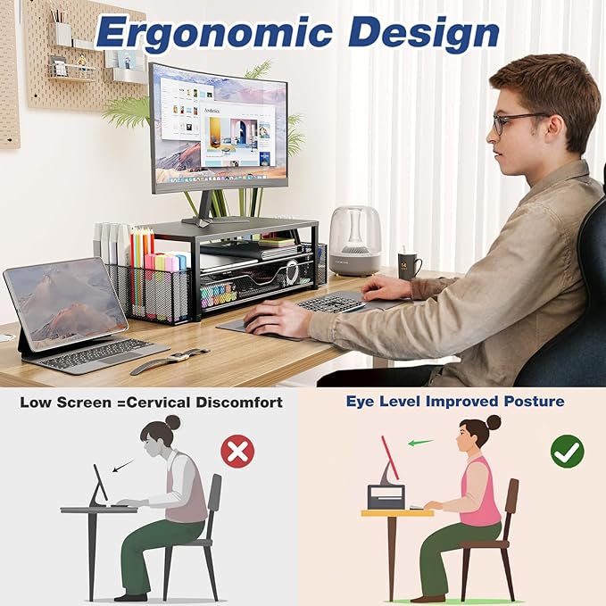 OPNICE Desk Organizers and Accessories, 2-Tier Computer Monitor Stand Riser with Drawer and 2 Pen Holders, Laptop Stand, Office Desk Accessories & Office Decor for Women, Pink