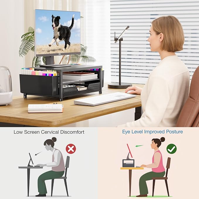 OPNICE Desk Organizer, 2-Tier Computer Monitor Stand Riser with Drawer and 2 Pen Holders, Laptop Stand, Office Desk Accessories for Office Supplies, Black – Hot Seller