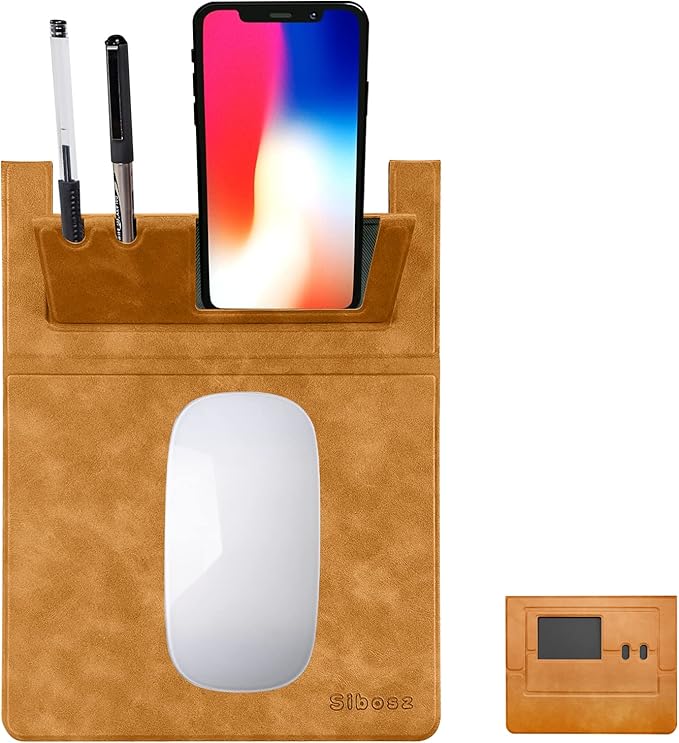 Premium PU Leather 3-in-1 Mouse Pad with Phone Stand and Pen Holders, 9.7x7.7 inches Organizer Desk Mat for Reception counters and Home Office (Brown 1Pack)