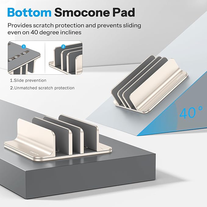 OMOTON 3-Slot Vertical Laptop Stand, Desktop Aluminum Stand for MacBook with Adjustable Dock Size, Fits All MacBook, Surface, Chromebook and Gaming Laptops (Up to 17.3 inches), Starlight