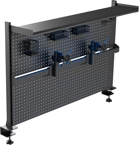 EUREKA ERGONOMIC Desk Pegboard with Dual Monitor Stands, LED Metal Pegboard for Gaming Desk, Privacy Panel with 4 Accessories Modular Hanging, Computer Accessories for Office, 59 x 34 Inch, Black