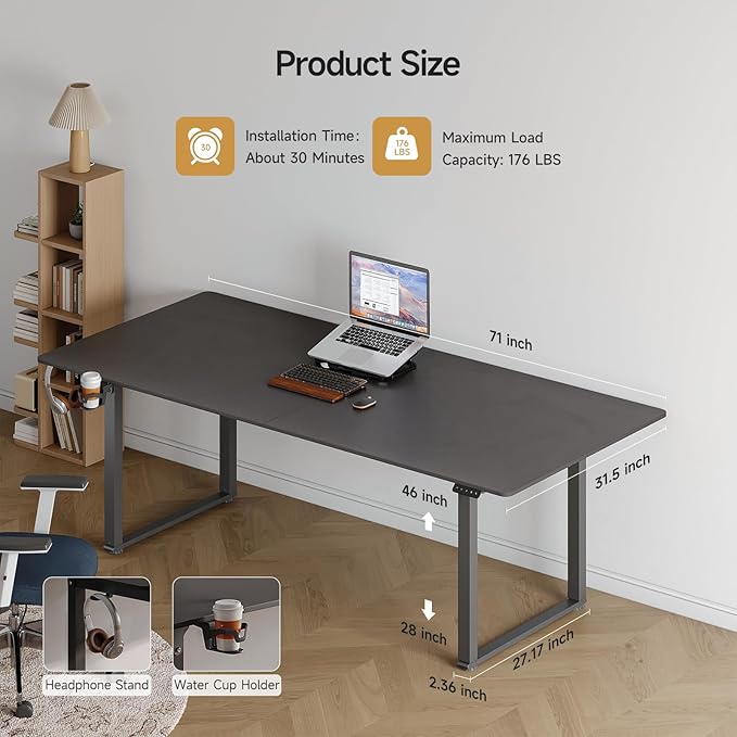 ONBRILL Standing Desk, 71x32 Inches Rectangle Stand Up Desk with 4 Legs, Dual Motor and Memory Controller, Adjustable Height from 28-46 Inches for Home and Computer Workstation, Black