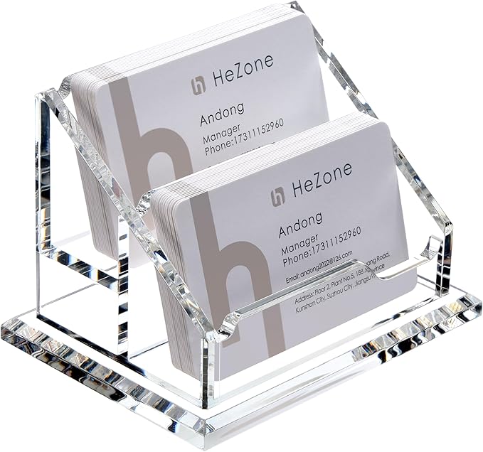 Acrylic Business Card Holder For Desk Clear Business Card Display Stand 2 Tier 2 Slots Business Cards Holders for Men And Woman, Organize 100 Cards-1 Pack (2 Solt-H)