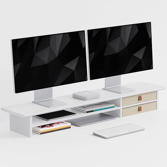 Dual‑Tier Monitor Stand Riser with Drawers, Desktop Organizer Shelf Storage for Computer Screen 2 Monitors, Supports for PC Computer Monitor, Printer, Heavy TV Riser White
