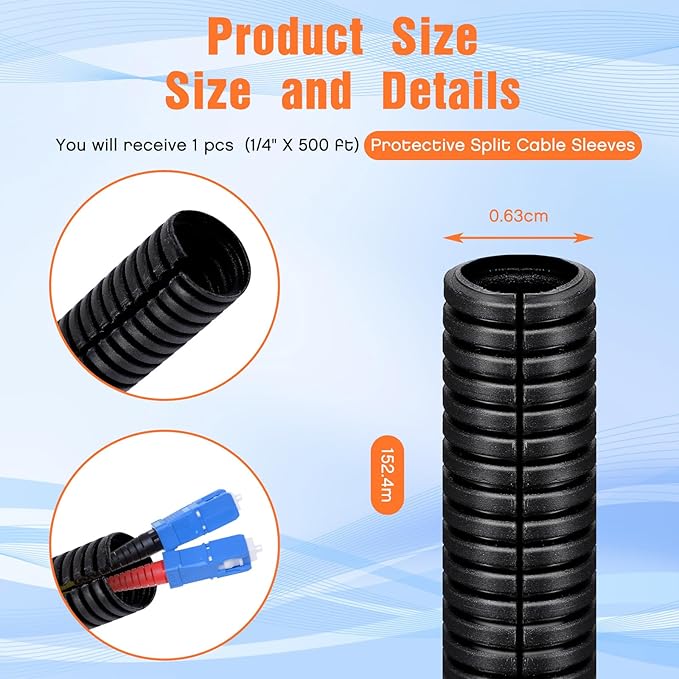 Sasylvia 1/4" X 500 ft Split Wire Loom Cord Protector Tubing Split Conduit Protector Tubing Convoluted Tube Flexible Electrical Wire Cover Protective Sleeves(Black)