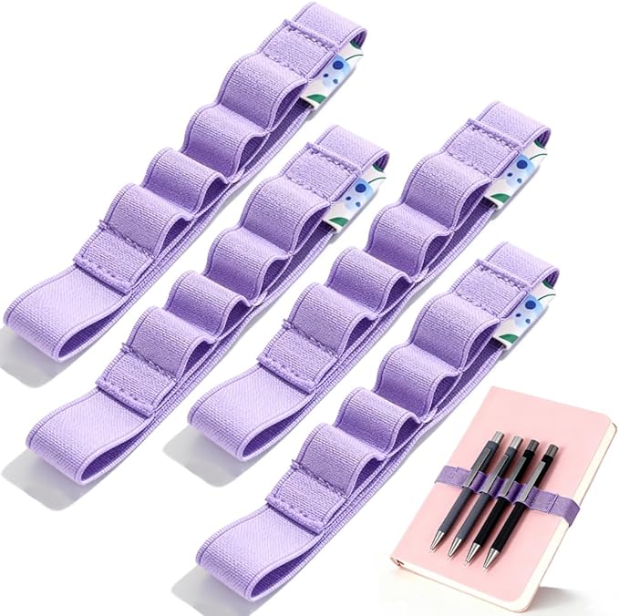 4-Pack Pen Loop Holder, Elastic Pen Loops for Notebook, Journaling, Office, Stretchable Pencil Organizer, Anti-Loss Desk Accessories (Purple)
