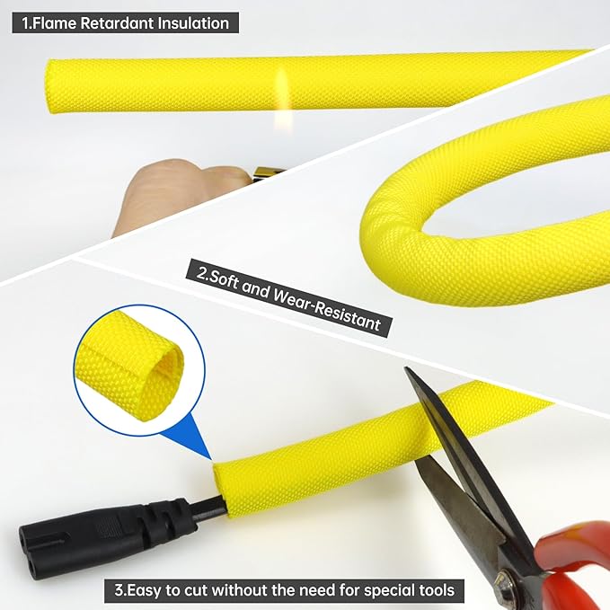 Split Braided Cable Sleeve，Flexible Wire Loom Tubing, Automotive Cord Protector Pet Proof, Cable Management for Computer TV Electric Wires Harness 16ft (Yellow, 25mm（1")