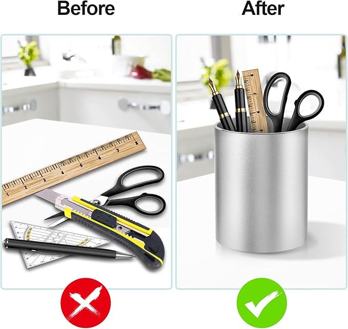 Pen Holder Pencil Holder for Desk, Metal desk pen holder, Makeup Brush Holder, pencil cup, pen organizer for desk, for Office, School, Home, and Kids 3.9×3.14inch（Silver）