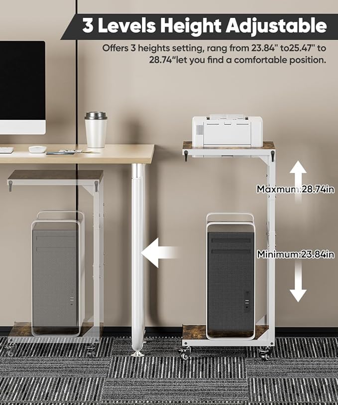 Computer Tower Stand, 2-Tier Metal CPU Holder Stand with Lockable Wheels, Adjustable Under Desk PC Shelf, Mobile Rolling Computer Cart for Home, Office, Gamers and Students, White