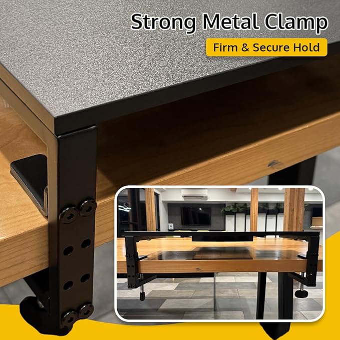 Ergonomic Clamp-On Laptop and Computer Monitor Riser Stand with Drawer, 21.6 x 9.8 inch - Black |Laptop Stand for Desk, Monitor Riser, Desk Organizer, Office Desk Home Workspace