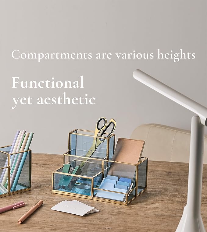 FONDAZZA 5-Compartment Desk Organizer for Home Office Supplies, Gold Brass with Blue Glass, Workspace Storage for Stationery, Cosmetic, Makeup Tools and Brush.