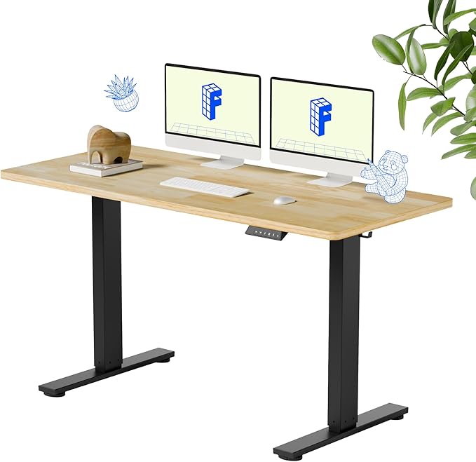 FLEXISPOT EN1 One-Piece Solid Wooden Standing Desk 55 x 24 Inches Height Adjustable Electric Sit Stand Home Office Desks (Black Frame + Rubber Wood Top, 2 Packages)