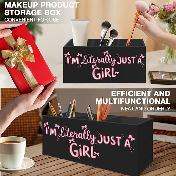 Coquette Pink Bow Pen Pencil Holder Organizer for Desk Accessories, Preppy Girly Room Decor, I'm Literally Just a Girl Wooden Box Signs Decorations for Girls Bedroom Room Dorm Desk Tabletop
