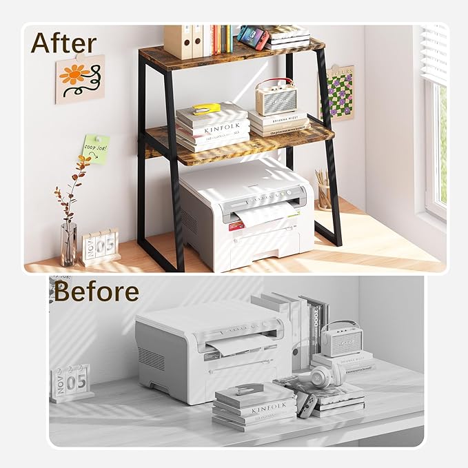 Printer Stand for Desk, Desktop Printer Shelf, 3 Tier Desk Shelf for top of Desk, Large Printer Stands Office Organization Shelves for Home Office Printer Fax Book, Rustic Brown