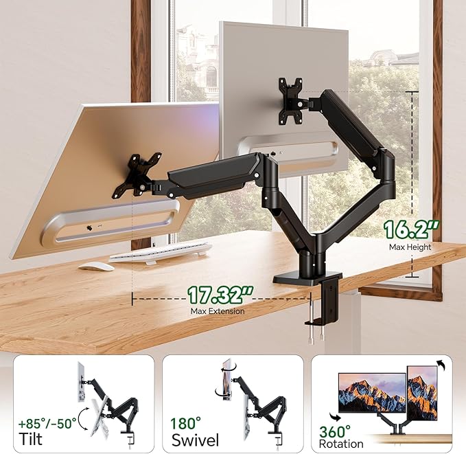 Dual Monitor Arm Desk Mount for 13-32 Inch Computer Screens, Full Adjustable Dual Monitor Stand Supports 4.4-19.8 lbs Computer Desk Mount, 75/100mm VESA Mount with C Clamp, Black