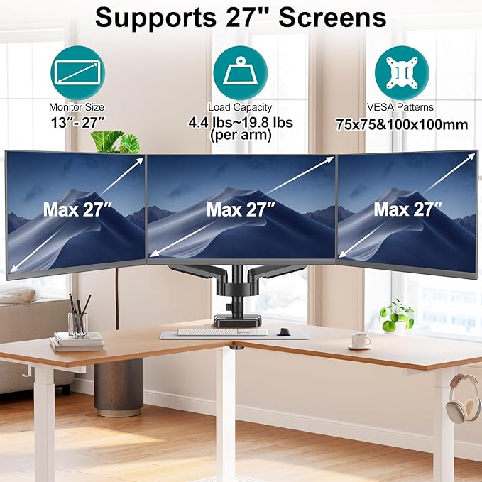 MOUNT PRO Triple Monitor Mount for 13-27 inch Screens, 3 Monitor Desk Mount, Height Adjustable Triple Display Stand, Full Motion Three Computer Arm Hold up to 17.6lbs Each, VESA 75x75, 100x100