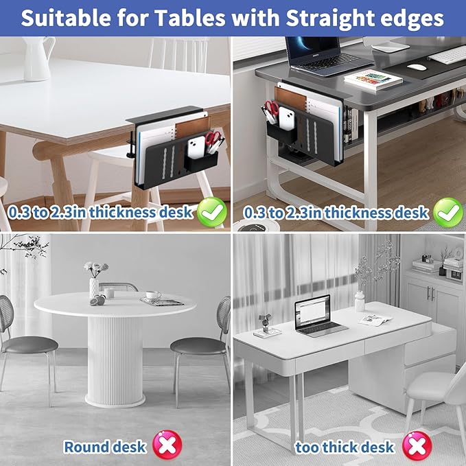 Desk Side Organizer, Desk Laptop Holder with Magnetic Pen Holder, No Drill Hanging Desk Organizer for Office and Home Fits Flat Edge 0.3" to 2.3"