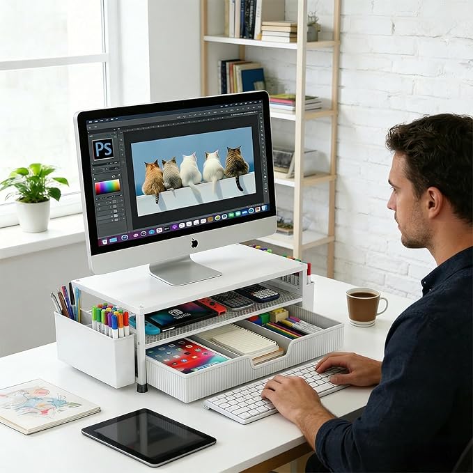 Desk Organizer and Accessories, 2-Tier Computer Monitor Stand Rise with Storage Drawer & 2 Pen Holders, Laptop & Printer Stand for Desktop, Workspace Organizers for Office Supplies (White)