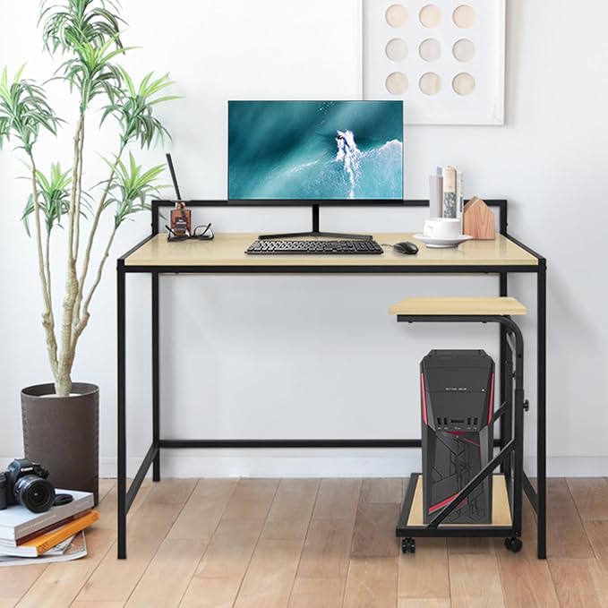 Computer Tower Stand, 2-Tier CPU Stand with Lockable Wheels, Adjustable Height PC Stand for Floor, Mobile PC Laptop Standing Table for Home Office (White Maple)